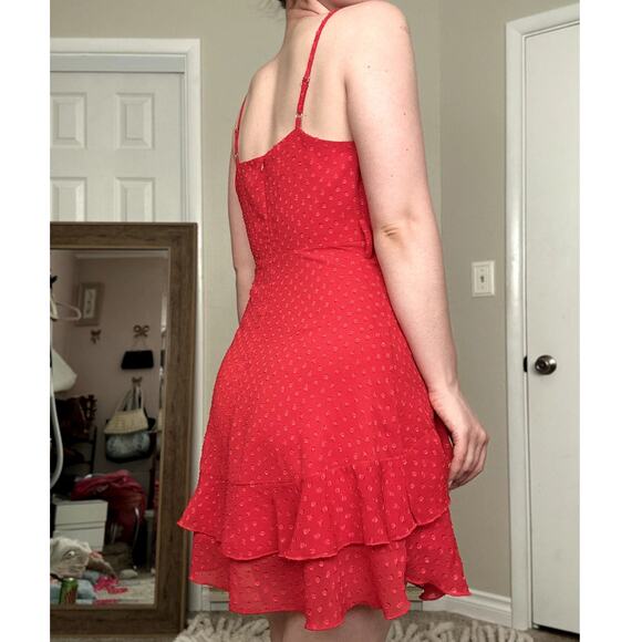 Cute Small Red Jacquard Swiss Dot Sheer Overlay V Neck Mini Dress - Picture 3 of 3